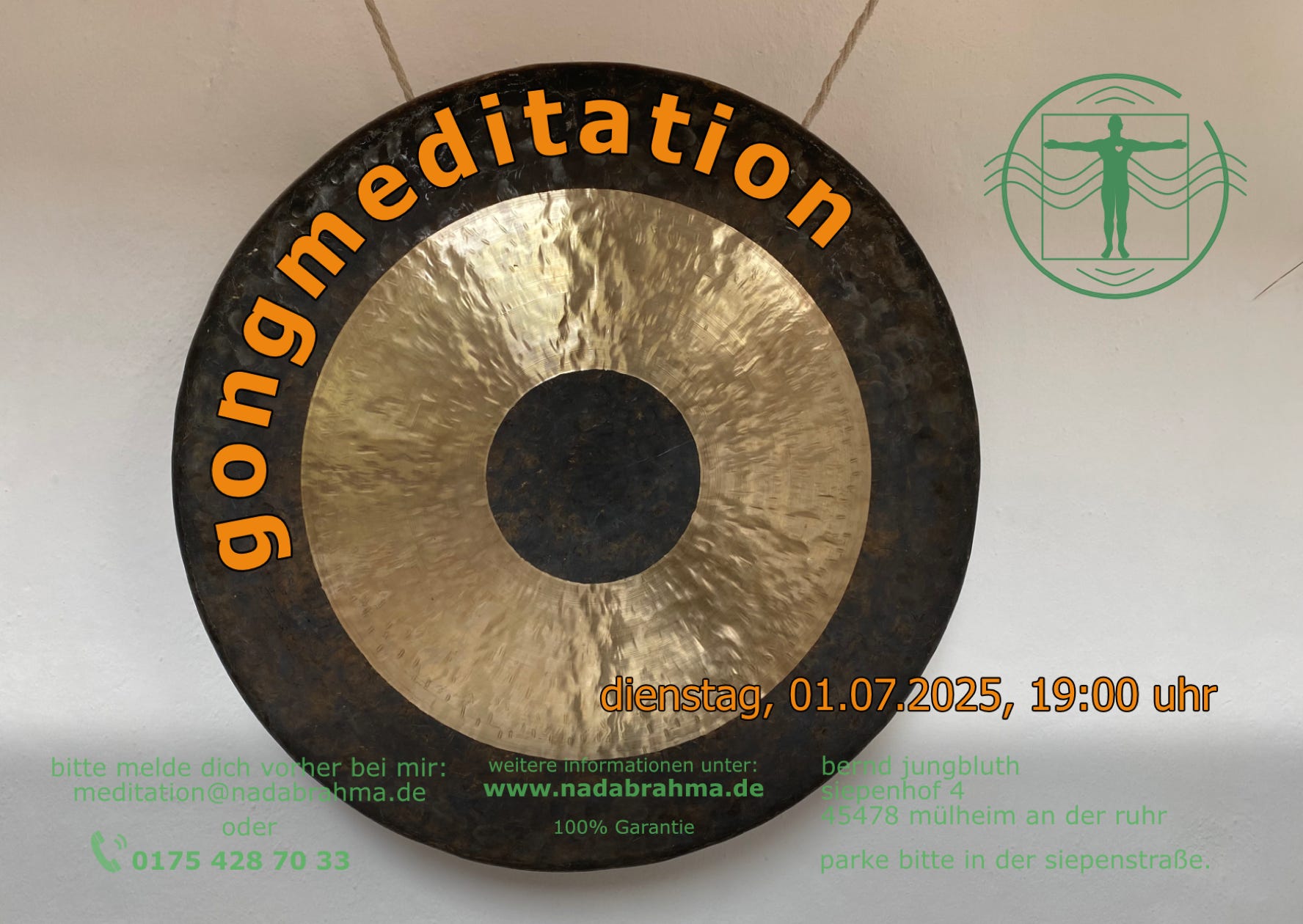 Die nächste Gongmeditation findet zum angegebenen Datum, in meinem Atelier, Siepenhof 4, 45478 Mülheim an der Ruhr, statt.