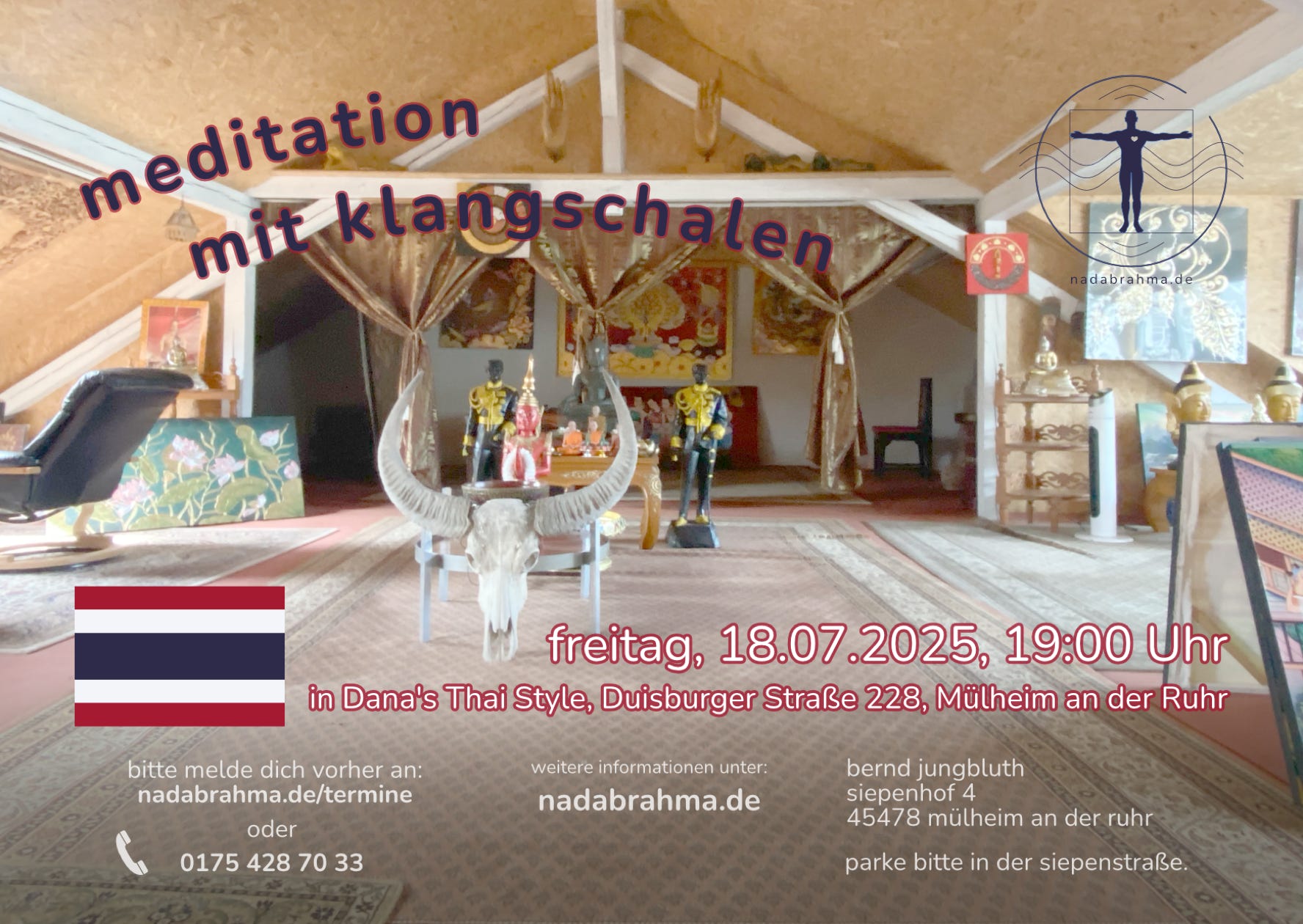 Die nächste Gongmeditation findet zum angegebenen Datum, in meinem Atelier, Siepenhof 4, 45478 Mülheim an der Ruhr, statt.